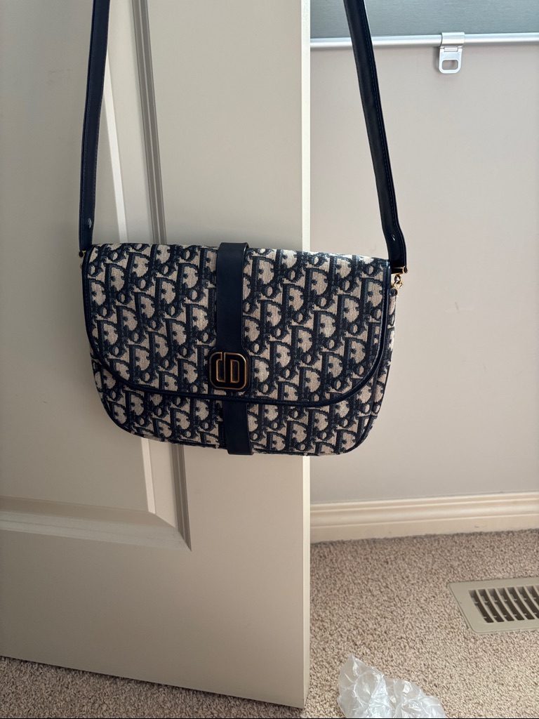 Authentic Dior Oblique Navy Canvas Shoulder Bag